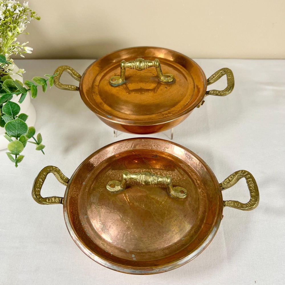 Old Vintage Copper Pans Skillets with Brass Handles